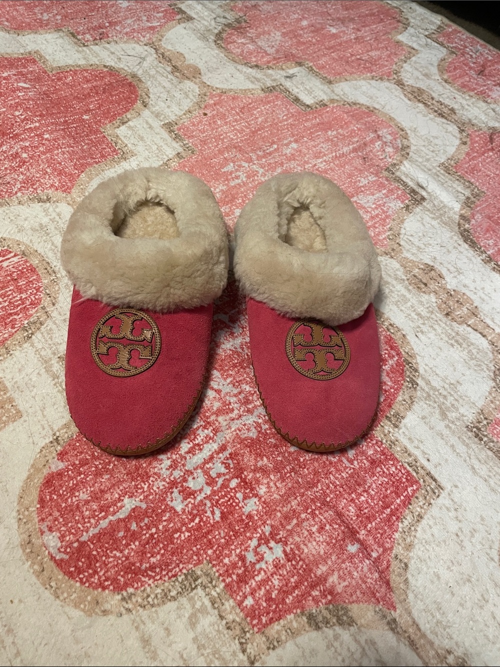 Tory Burch Pink Suede Shearling-Trim Slip-On Slippers